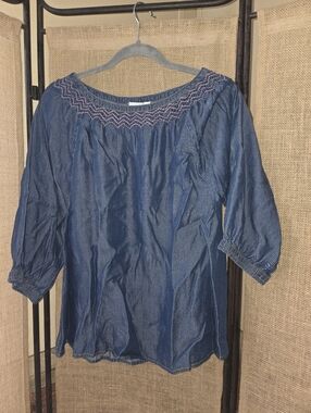 Womens Mira Smocked Denim Peasant Top with Embroidered Yoke - Blue Size Small